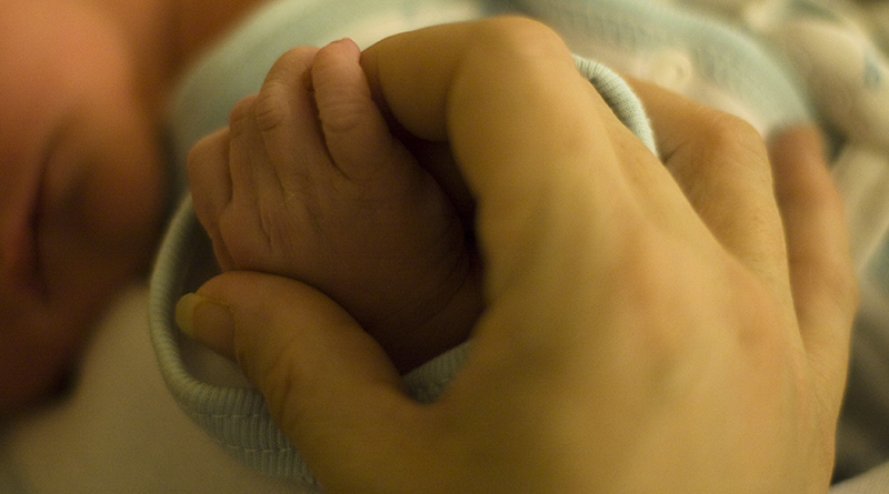 Photo, "Holding Hands With A Newborn Baby," By Bridget Coila.
