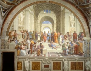 Photo of the painting "The School of Athens" by Raffaello Sanzio da Urbino, showing Plato and Socrates surrounded by a group of people in ancient Greek school.