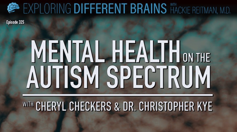"Mental Health On The Autism Spectrum, With Cheryl Checkers & Dr Christopher Kye" Is Written In White Letters In Front Of An Out Of Focus Image Of Tree Limbs And The Sky