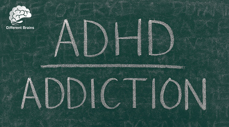 An old chalkboard has the words "ADHD" and "Addiction" written on it.