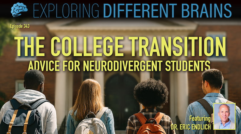 A group of four diverse students stand in front of a university building under the words "The College Transition: Advice for Neurodivergent Students"