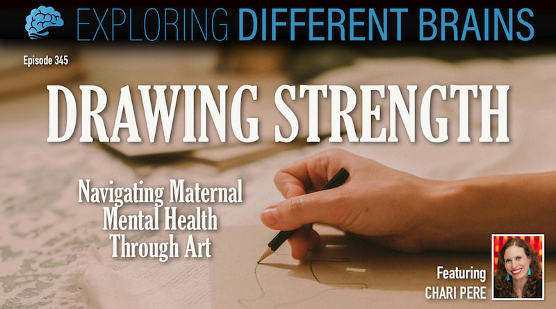 A hand draws using a pencil next to the words "Drawing Strength: Navigating Maternal Mental Health Through Art"