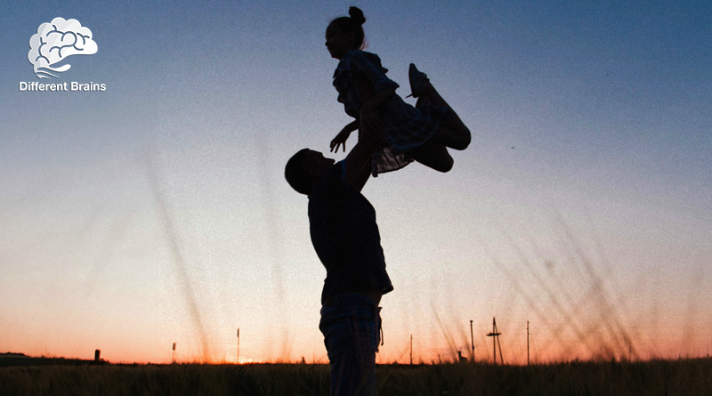A man lifts his daughter over his head in silhouette in front of a sunset