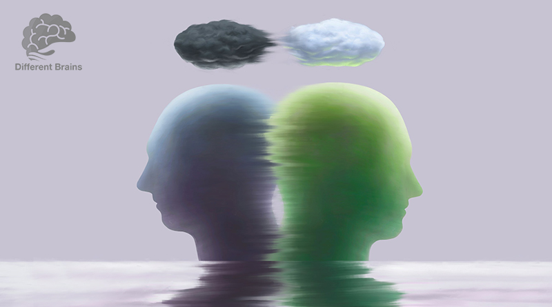 Two different color silhouettes of heads face opposite directions, with a dark cloud over one, and a light cloud over the other.